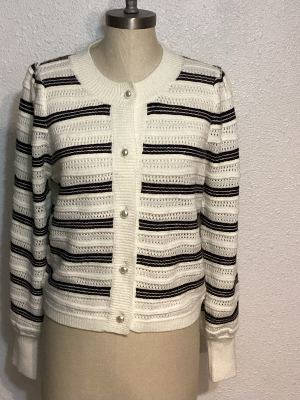 Another Love Striped Open-Knit Crewneck Cardigan Sweater size medium